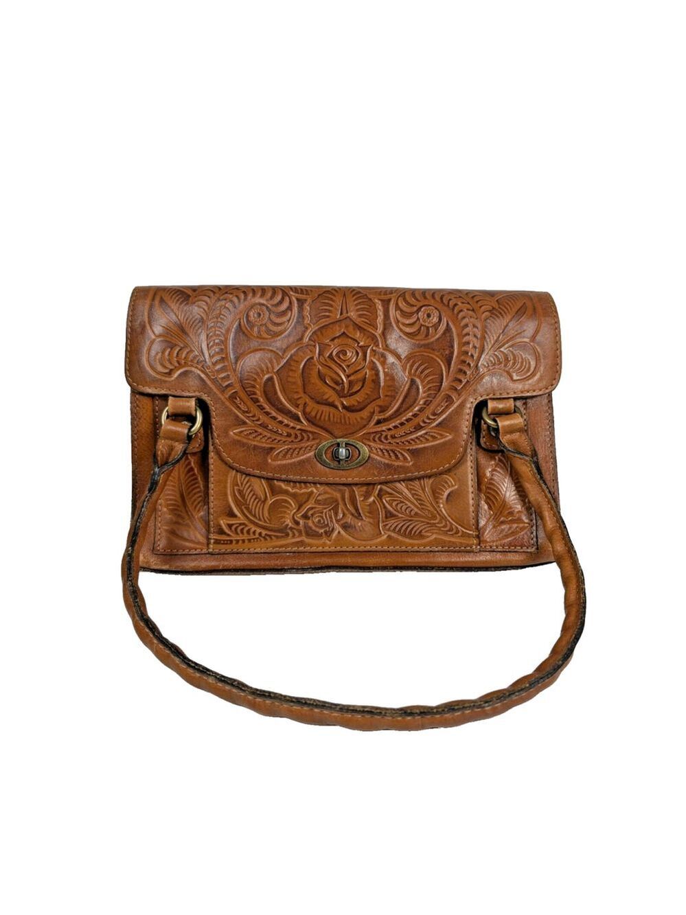 PATRICIA NASH Sanabria Tooled Rose Floral Brown Leather Satchel Handbag